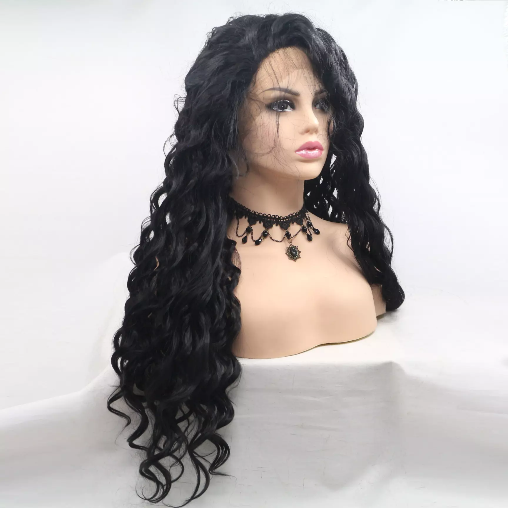 Curly black front lace wig